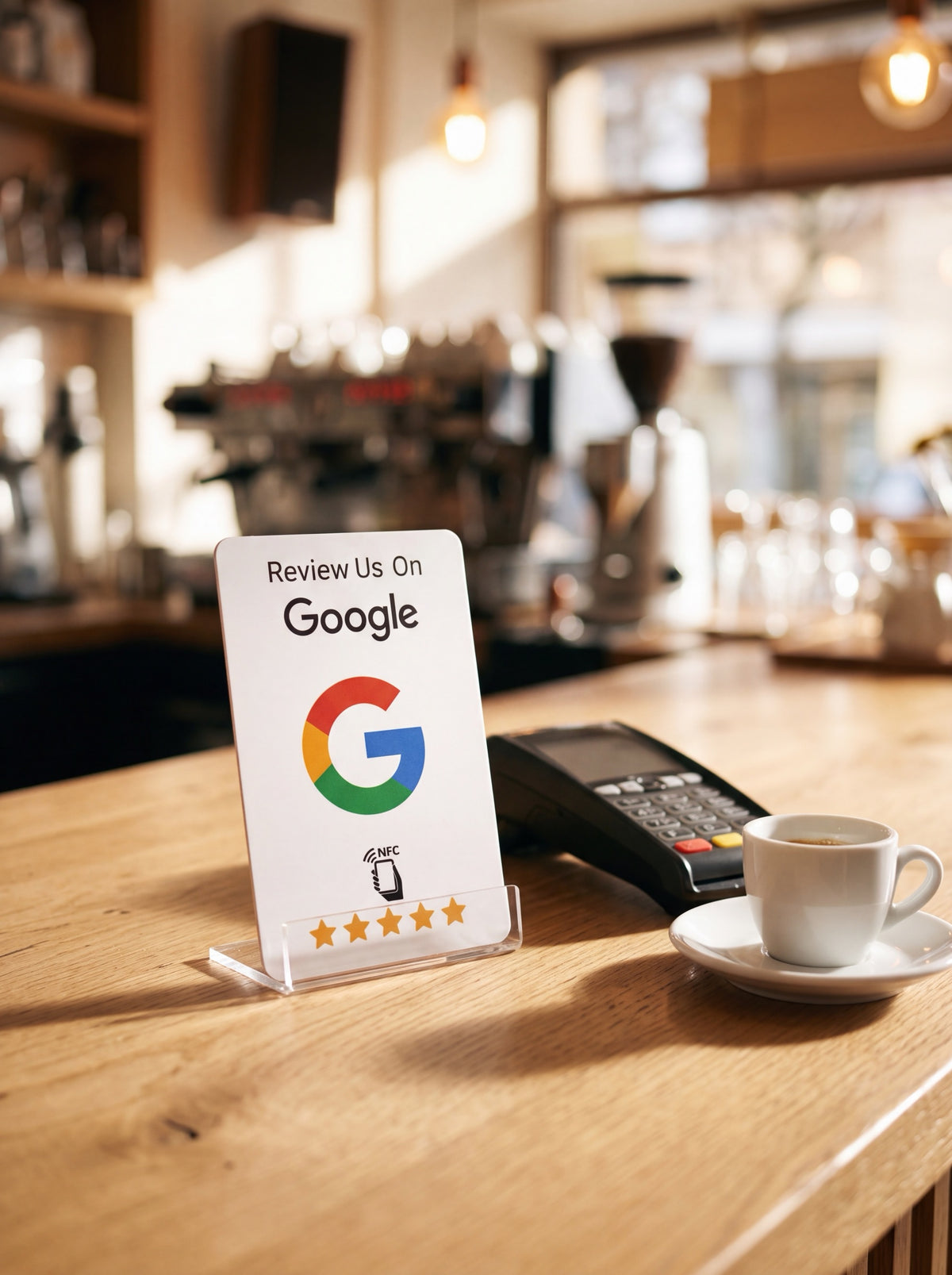 Tarjeta NFC de reseñas colocada en la barra de un bar