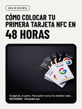 Portada de la guía NFCVende: cómo colocar tu primera tarjeta NFC en 48 horas, con tarjetas NFC de reseñas de Google en abanico sobre fondo negro
